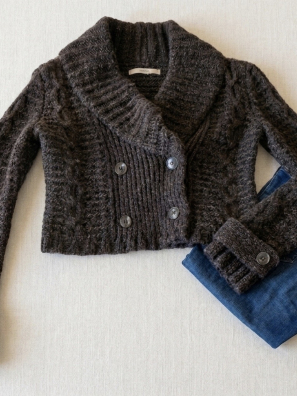 Loft Cropped Shawl Collar Cable Knit Sweater - Dark Grey